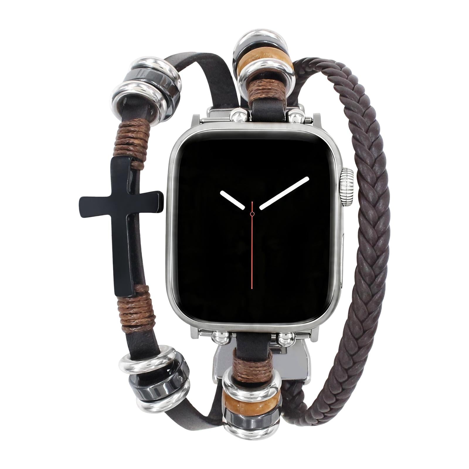 Pulsera para Apple Watch hombre, cuero vegano trenzado, cruz cristiana negra, eslabones ajustables, estilo religioso moderno, modelo Philémon