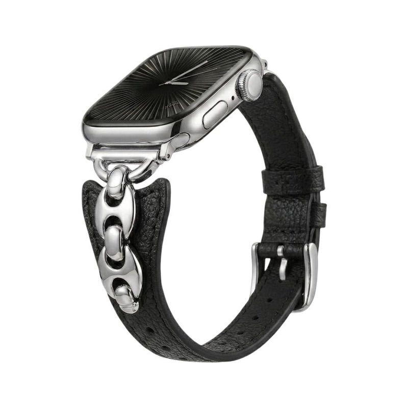 Brazalete Apple Watch malla marina, correa fina ajustable con hebilla, acabados dorados, plateados y negros, modelo Malsa