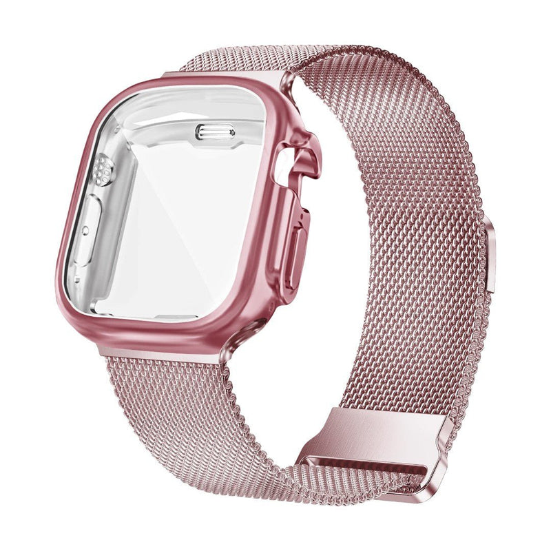 Bracelet Apple Watch maille milanaise rose métallisé avec coque de protection intégrée et fermoir magnétique.