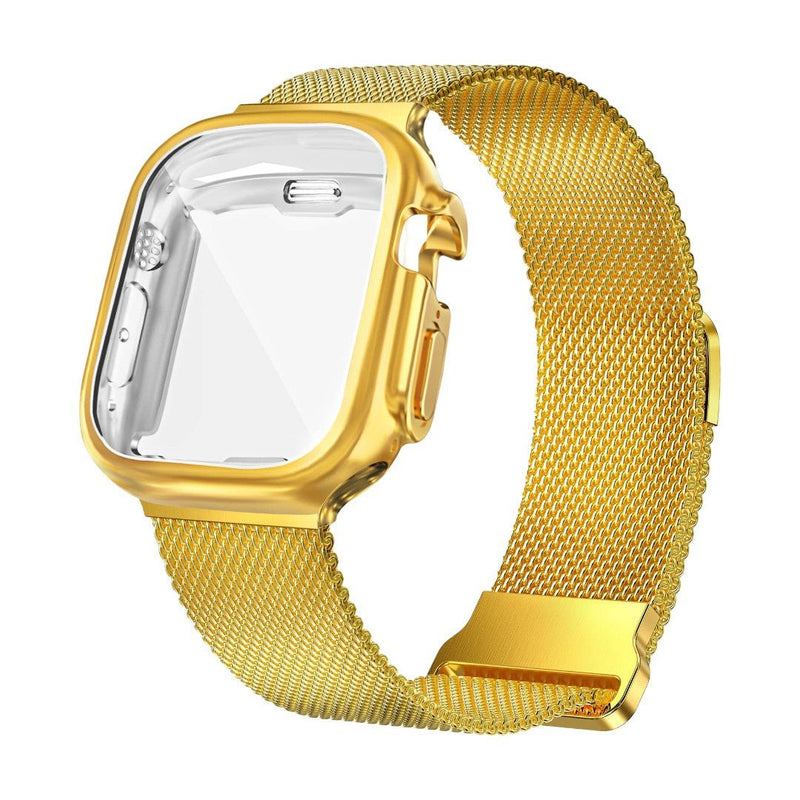 Bracelet Apple Watch milanais en acier inoxydable doré avec coque de protection intégrée transparente et fermoir magnétique.