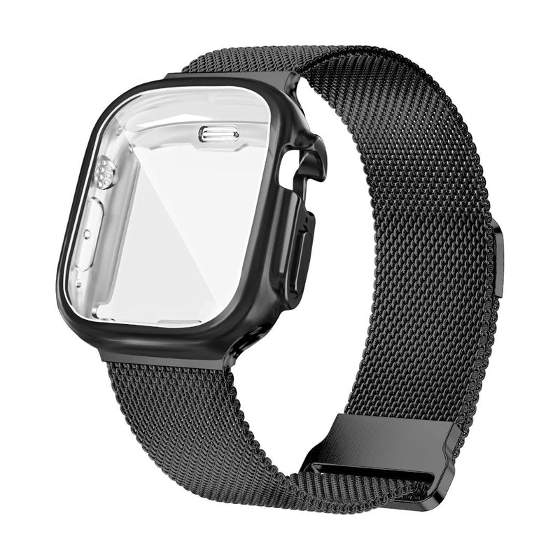 Bracelet Apple Watch maille milanaise noire en acier inoxydable avec coque de protection intégrée et fermoir magnétique.
