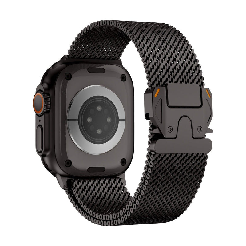 Bracelet Apple Watch maille milanaise en acier inoxydable noir avec fermoir sécurité parachute tactique design Élanko.