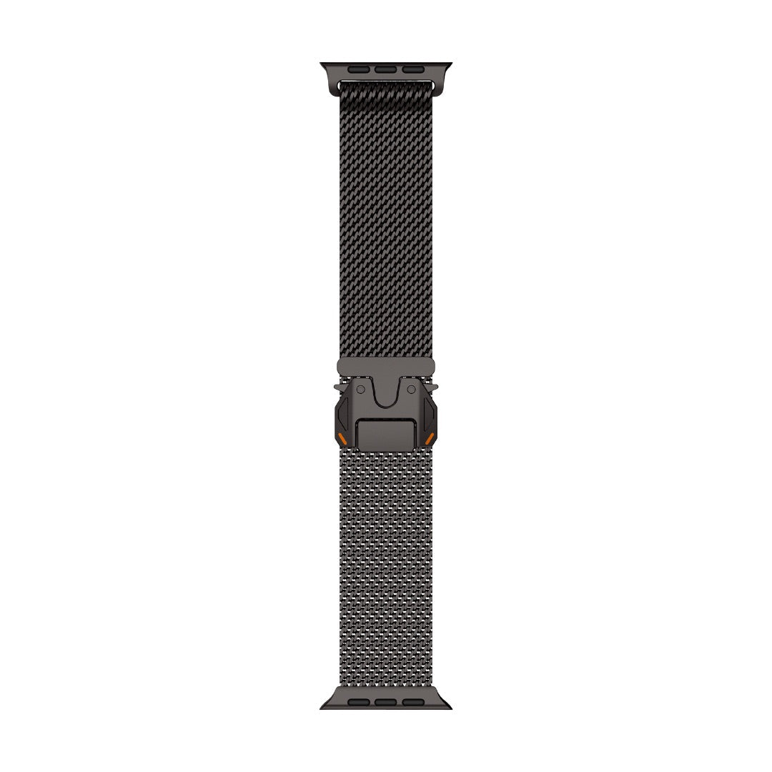 Bracelet maille milanaise en acier inoxydable noir avec fermoir sécurité parachute tactique pour Apple Watch.
