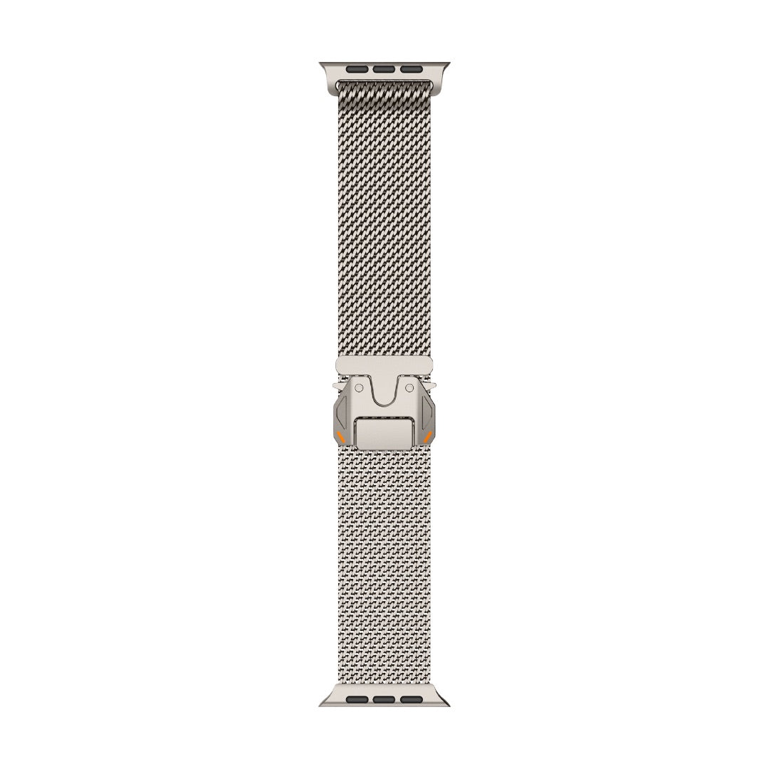 Bracelet Apple Watch maille milanaise en acier inoxydable argenté avec fermoir sécurité parachute tactique haut de gamme.