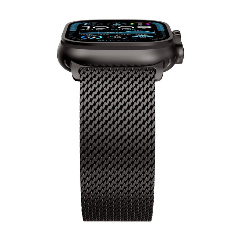 Bracelet maille milanaise noir en acier inoxydable pour Apple Watch avec fermoir sécurité parachute.