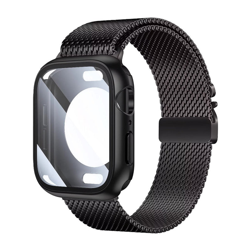 Bracelet maille milanaise épaisse noire avec coque intégrée pour Apple Watch, acier inoxydable, fermoir magnétique élégant.