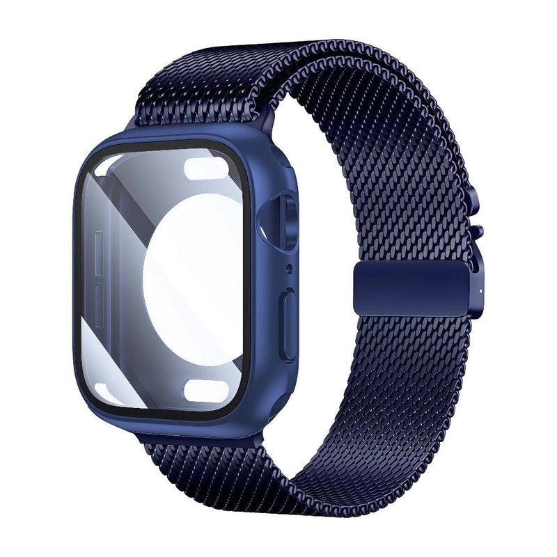 Bracelet Apple Watch maille milanaise épaisse en acier inoxydable bleu avec coque intégrée et fermoir magnétique.