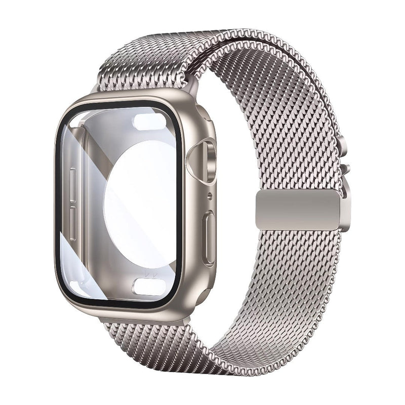 Bracelet Apple Watch maille milanaise épaisse en acier inoxydable argenté avec coque intégrée et fermoir magnétique élégant.