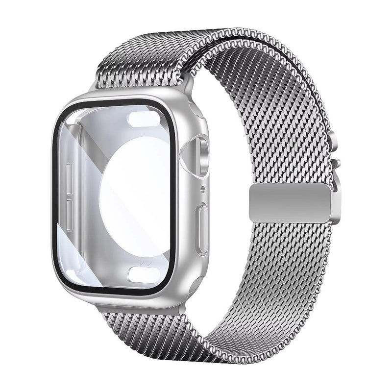 Bracelet Apple Watch en maille milanaise argentée épaisse avec coque intégrée transparente et fermoir magnétique acier.