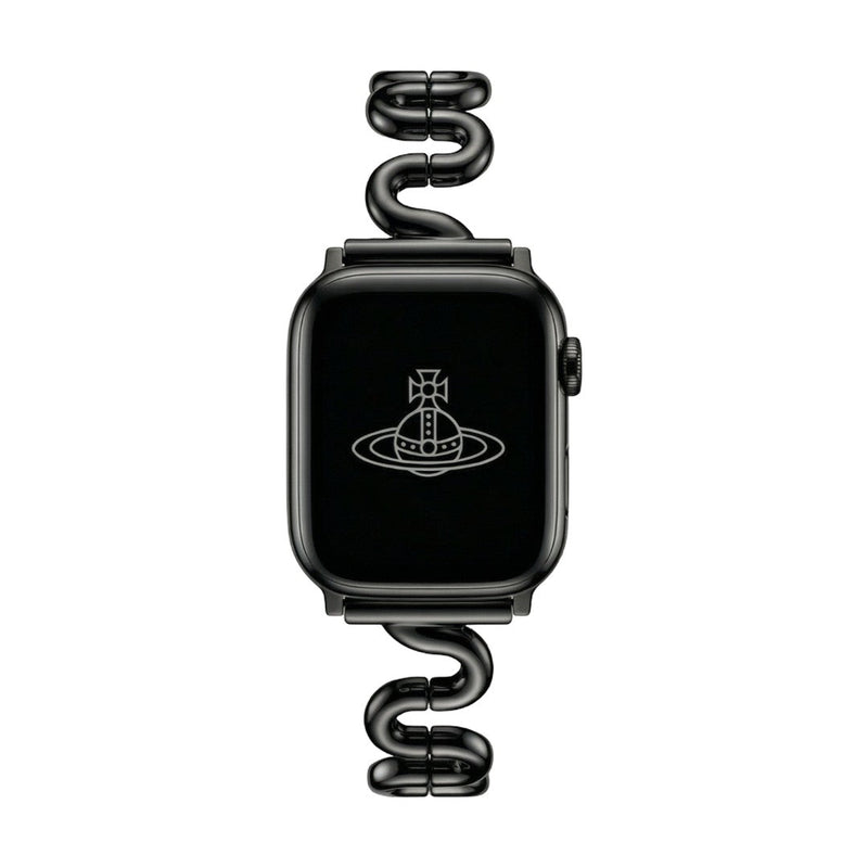 Apple Watch bracelet with wavy metal links, modern S-shaped design, adjustable push-button clasp, Sydia model