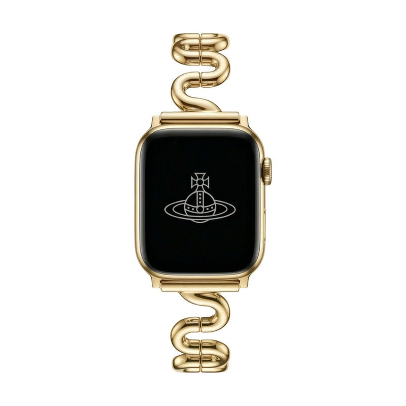Apple Watch bracelet with wavy metal links, modern S-shaped design, adjustable push-button clasp, Sydia model