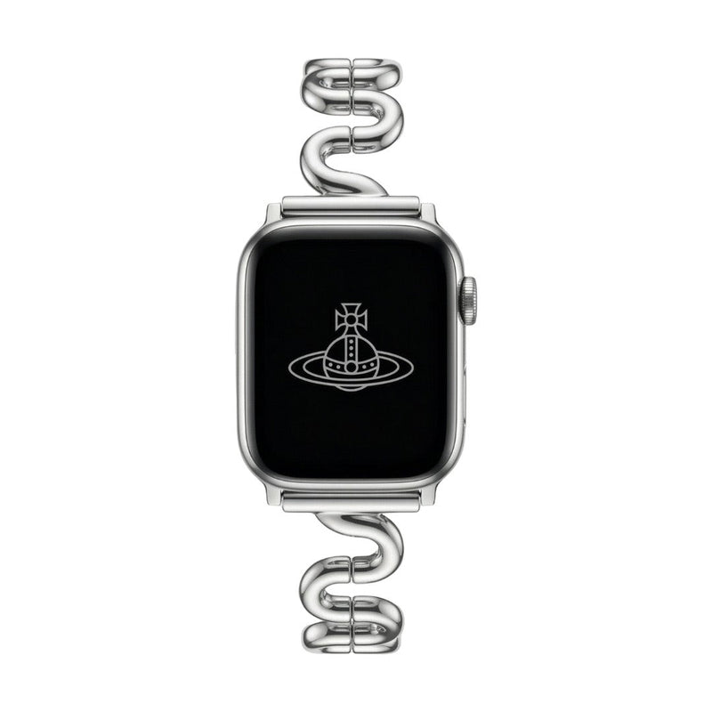 Apple Watch bracelet with wavy metal links, modern S-shaped design, adjustable push-button clasp, Sydia model