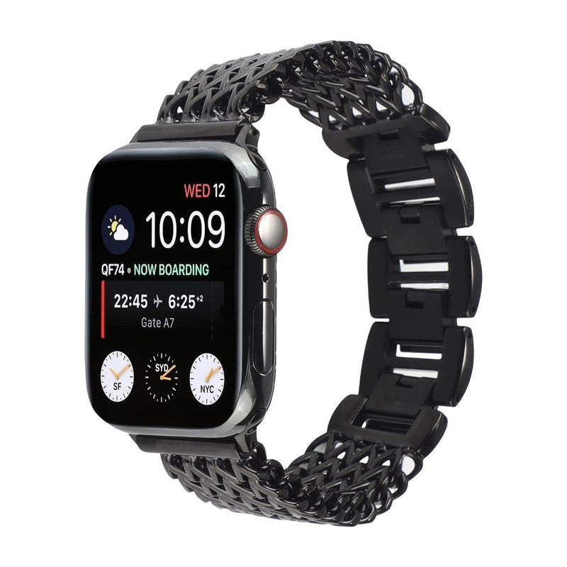 Bracelet Apple Watch maille Spiga noir mat avec maillons larges et ouverture réglable en métal.