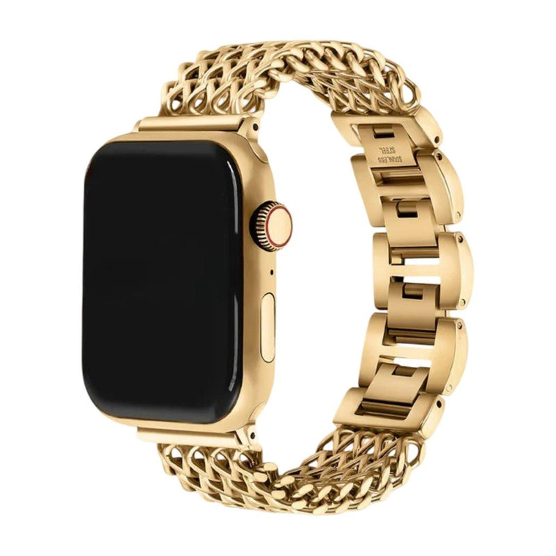 Bracelet Apple Watch en maille Spiga dorée avec maillons larges et fermoir métallique élégant.