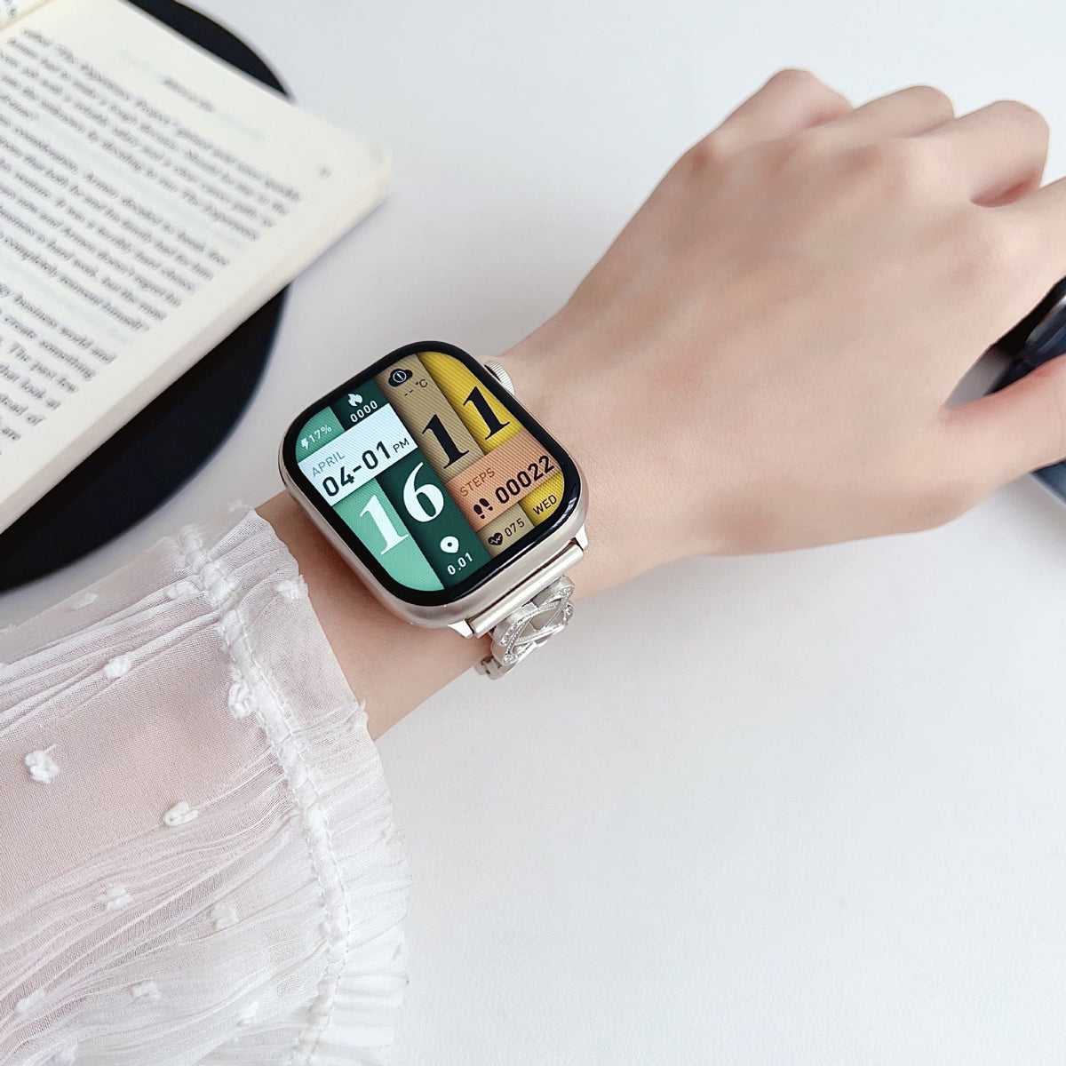 Apple Watch Bracelet with Interlaced Links, Infinity Pattern Set with Zirconia, Clasp Fastening, Zergone Model