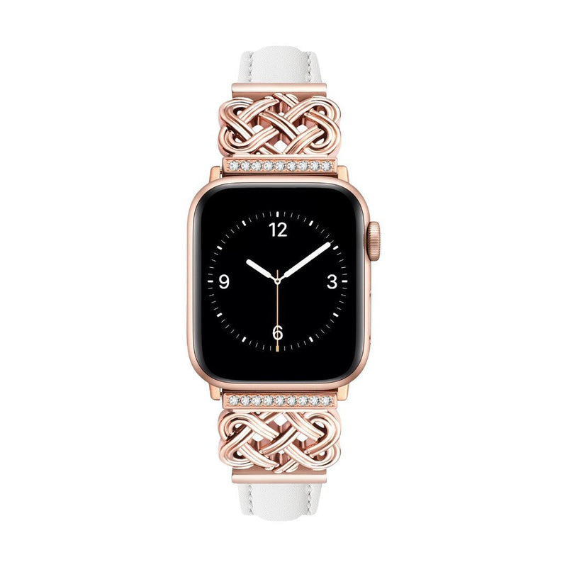 Bracelet blanc en cuir avec détails en métal rose doré tressé et zircon, motif noeud celtique élégant pour Apple Watch.