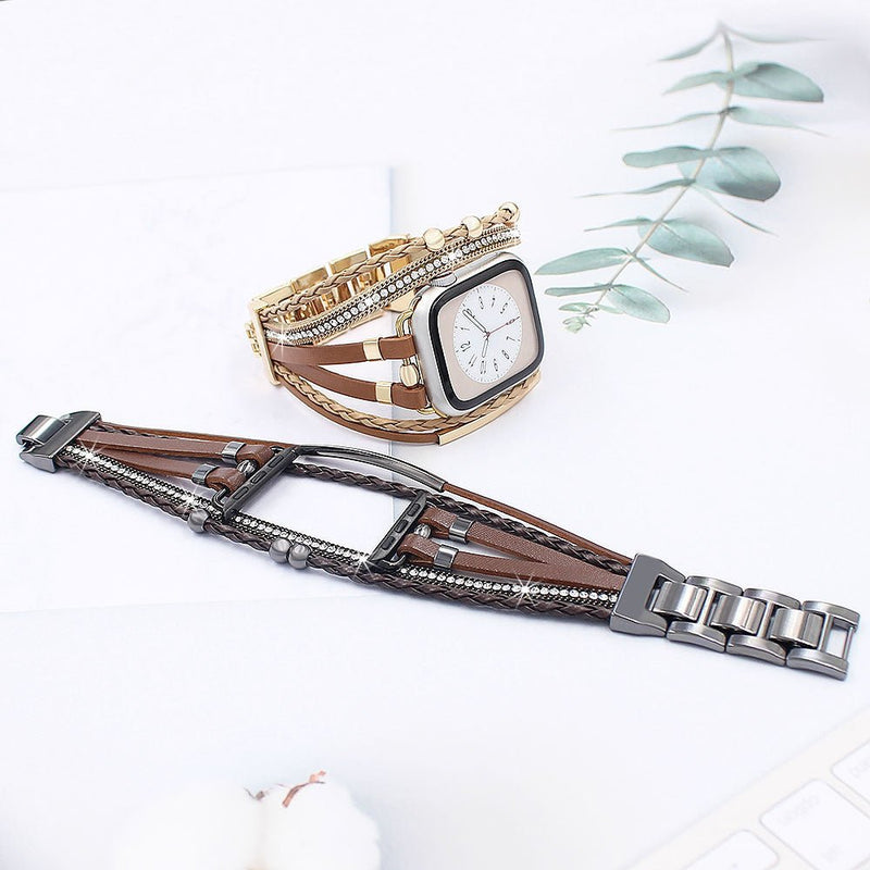 Bracelet multi-rangs en cuir marron avec fermoir métallique noir pour Apple Watch, style bohème chic avec strass brillants,.