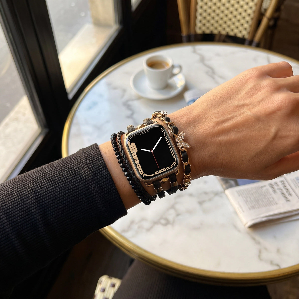 Multi-strand Apple Watch Bracelet, adjustable link design with butterfly charm, chic and elegant, Zoune model