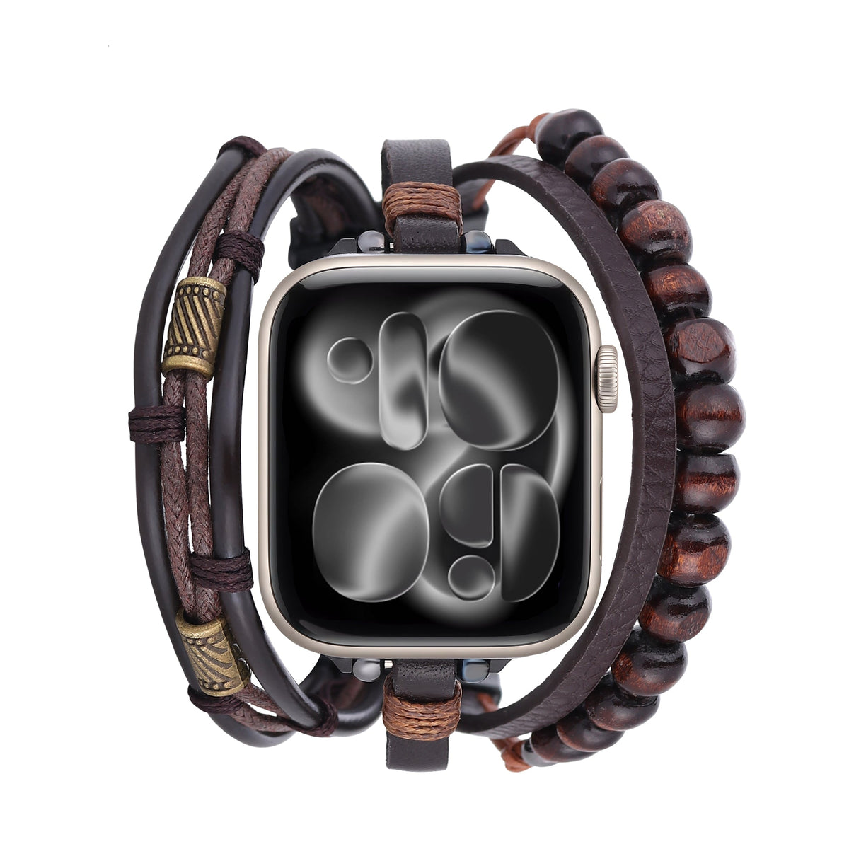Apple Watch multi-laags armband, leren armband met houten kralen voor heren, verstelbaar, accessoire voor smartwatch, karaktervolle armband, model Boya