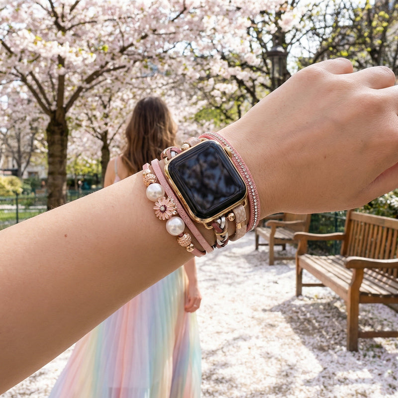 Bracelet Apple Watch, multi-rangs, charm fleur, pour femme, modèle Liberta