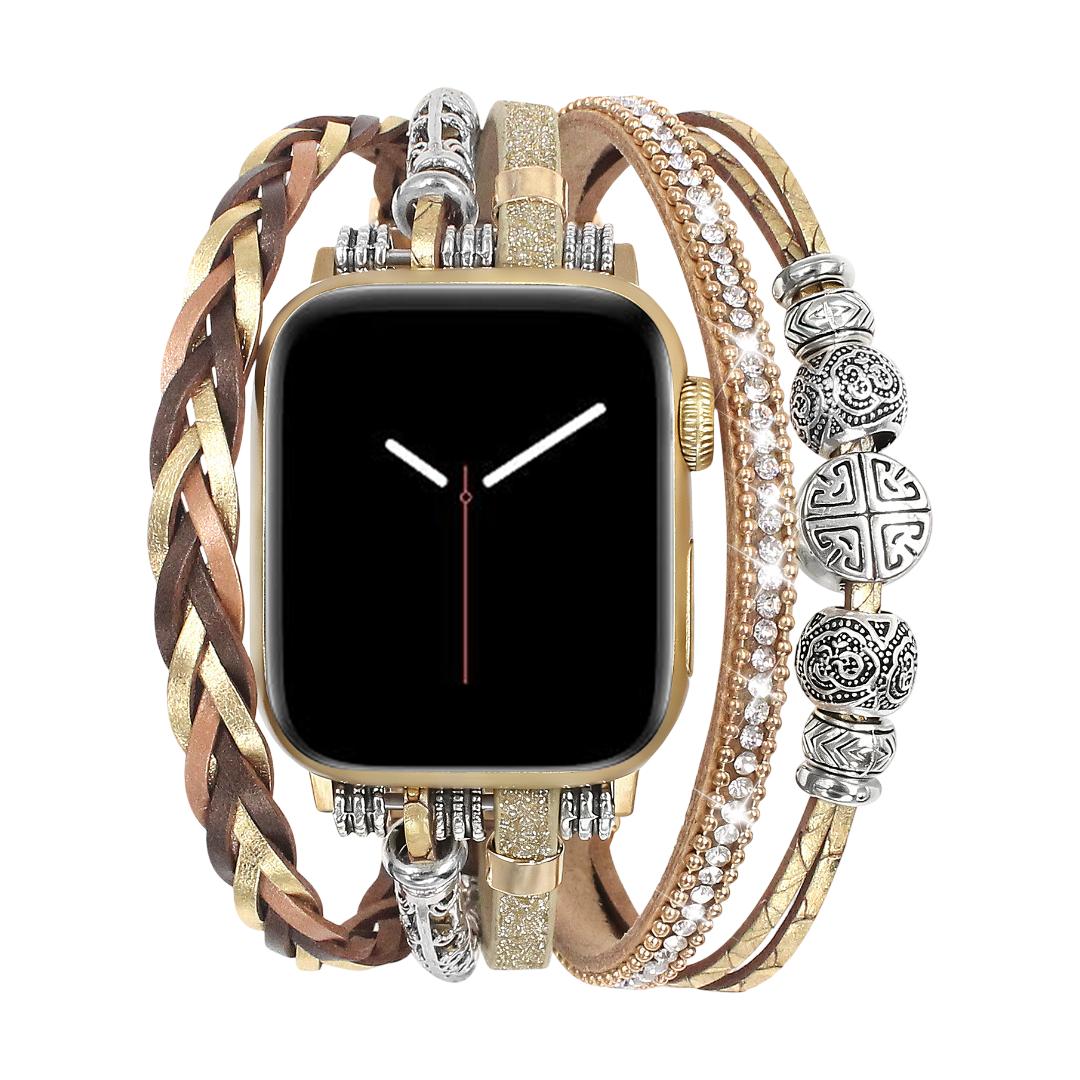 Bracelet Apple Watch multi-rangs doré, bijou de poignet ajustable, lanières tressées et perles métalliques, accessoire élégant pour montre connectée, finition brillante et texturée, modèle Rédine