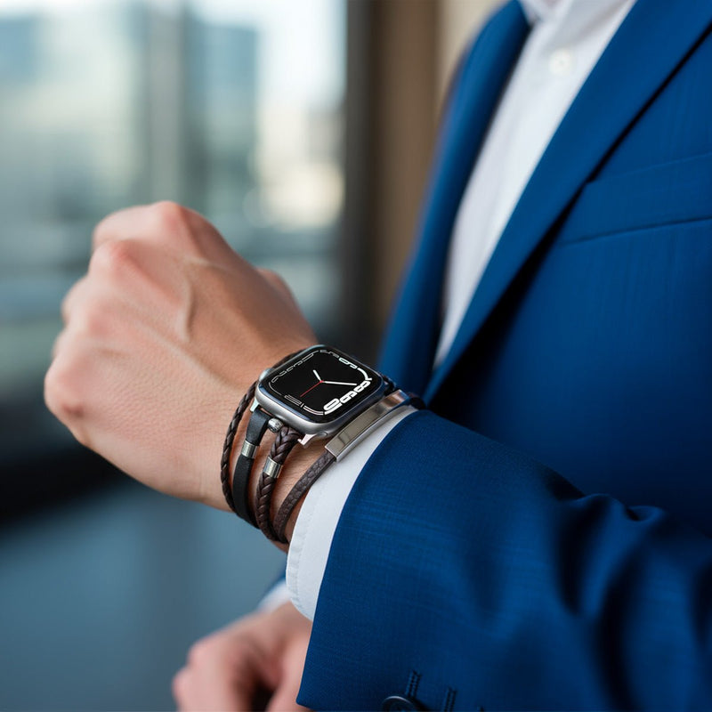 Bracelet multi-rangs tressé en simili cuir marron avec éléments métalliques argentés et plaque personnalisable, attaché à.