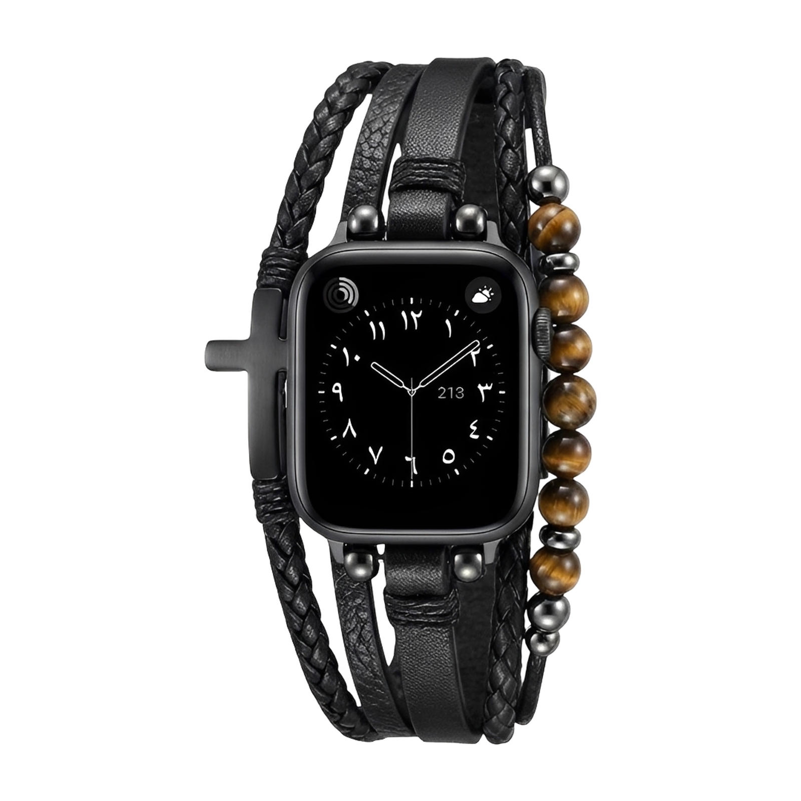 Bracelet Apple Watch multi-rangs en simili cuir vegan noir avec perles œil de tigre et croix noire, fermoir ajustable.