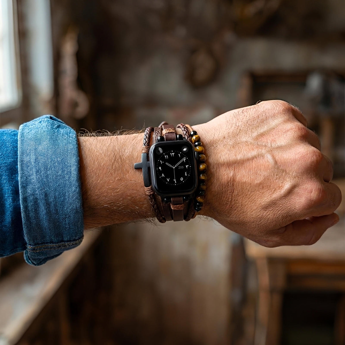 Bracelet multi-rangs en simili cuir vegan marron avec perles œil de tigre et croix noire, fermoir ajustable, porté avec.