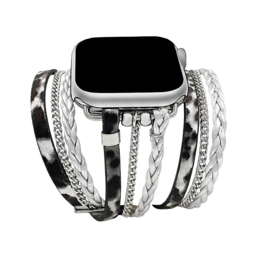 Bracelet multi-rangs pour Apple Watch avec simili cuir effet serpent beige et chaînes argentées tressées, fermoir boucle.