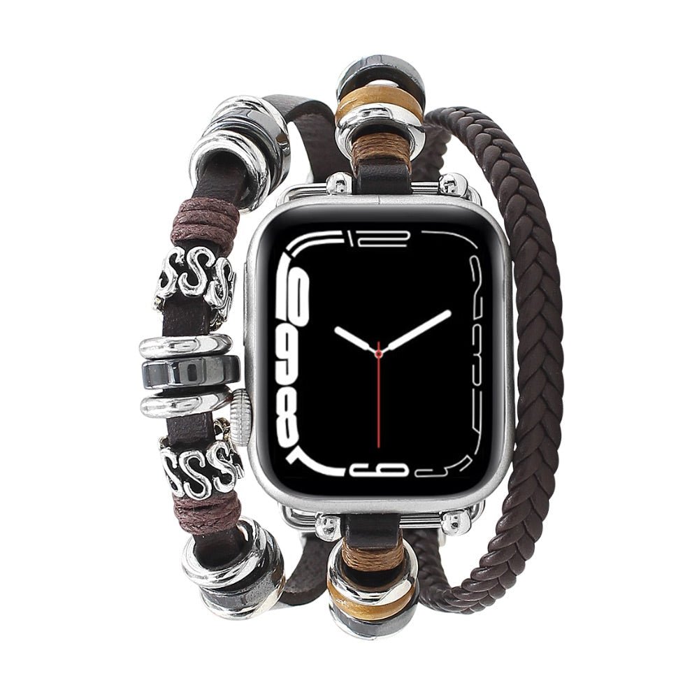 Bracelet pour Apple Watch homme multi-rangs en cuir marron tressé avec perles acier argenté et détails ronds boisés.