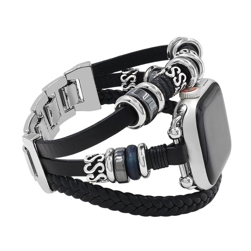 Bracelet multi-rangs pour Apple Watch avec lanière noire tressée et perles acier argenté, taille réglable homme.