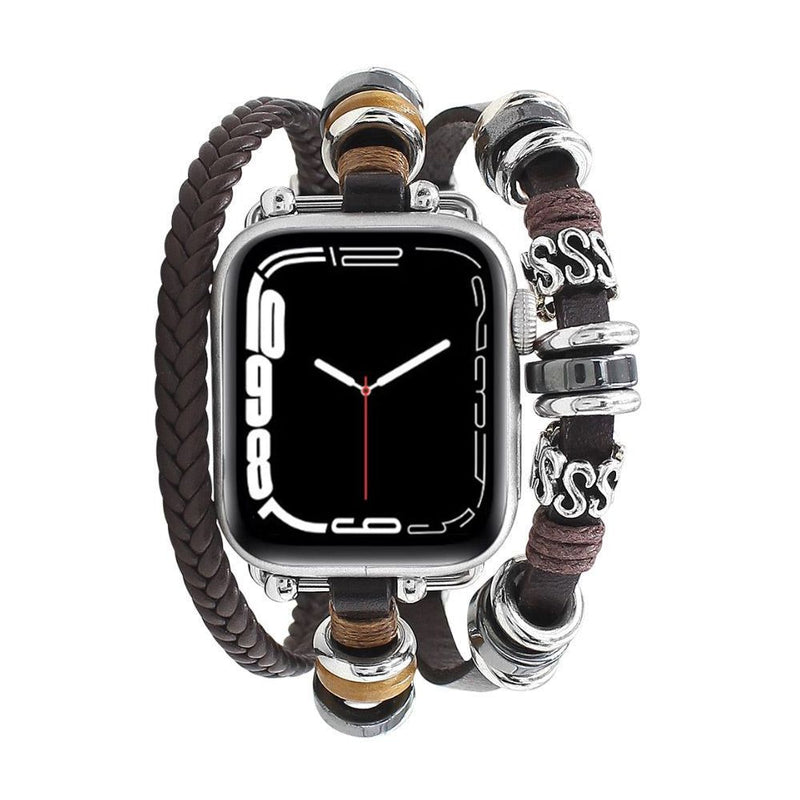 Bracelet Apple Watch multi-rangs marron en cuir tressé avec perles en acier argent et noir, ajustable pour homme.
