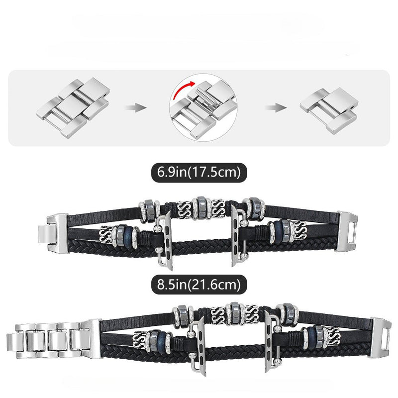 Bracelet multi-rangs pour Apple Watch avec lanières en cuir noir tressé et perles en acier argenté, taille réglable homme.