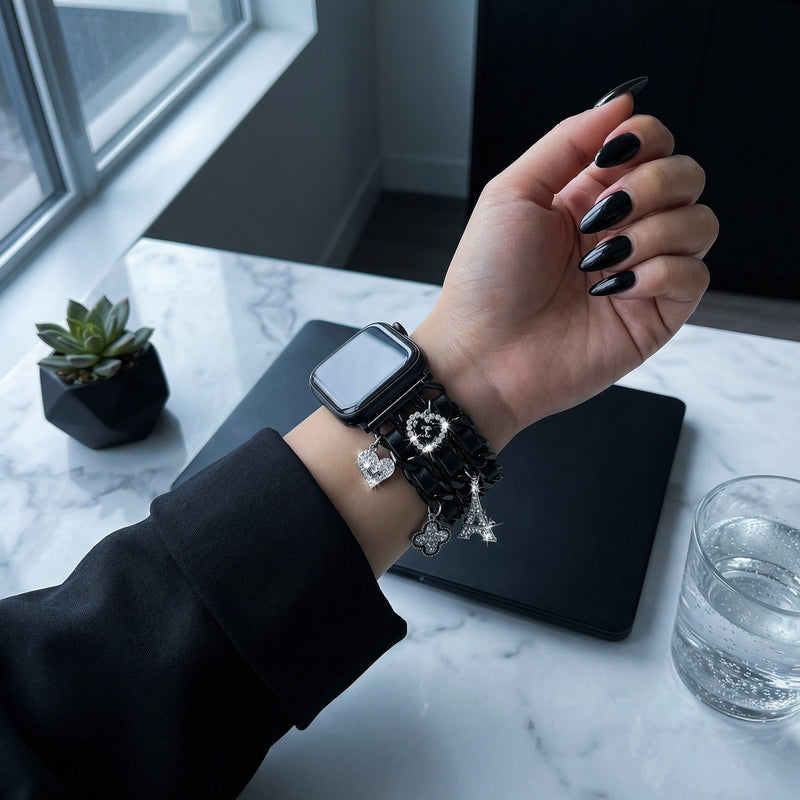 Apple Watch Bracelet, multiple heart and cross charms, clip-on metal links, women's watch jewelry, trendy accessory, Erza model