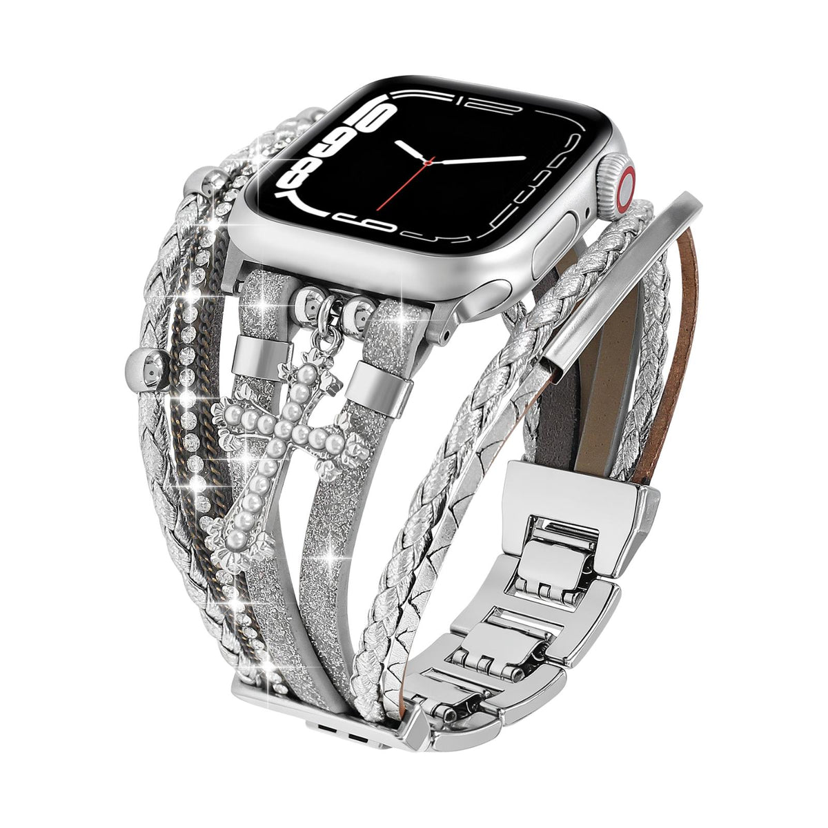 Bransoletka Apple Watch wielorzędowa dla kobiet, bransoletka z ekoskóry z krzyżem chrześcijańskim, regulowane ogniwa na zatrzask, model Stravada