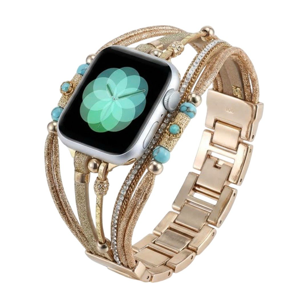 Bracelet multirangs pour Apple Watch avec perles turquoise, cordes brillantes dorées et fermoir métal doré élégant.