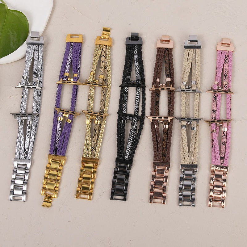 Pulsera multihilera para Apple Watch en cuero vegano, mezcla trenzada y textura reptil, cierre de acero ajustable, estilo chic para el día a día, modelo Luziane
