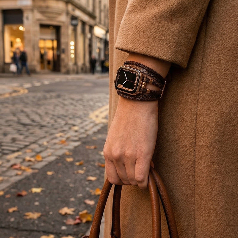 Pulsera multihilera para Apple Watch en cuero vegano, mezcla trenzada y textura reptil, cierre de acero ajustable, estilo chic para el día a día, modelo Luziane