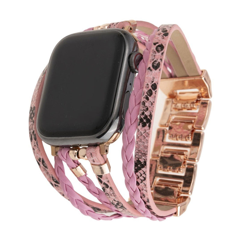Pulsera multihilera para Apple Watch en cuero vegano, mezcla trenzada y textura reptil, cierre de acero ajustable, estilo chic para el día a día, modelo Luziane