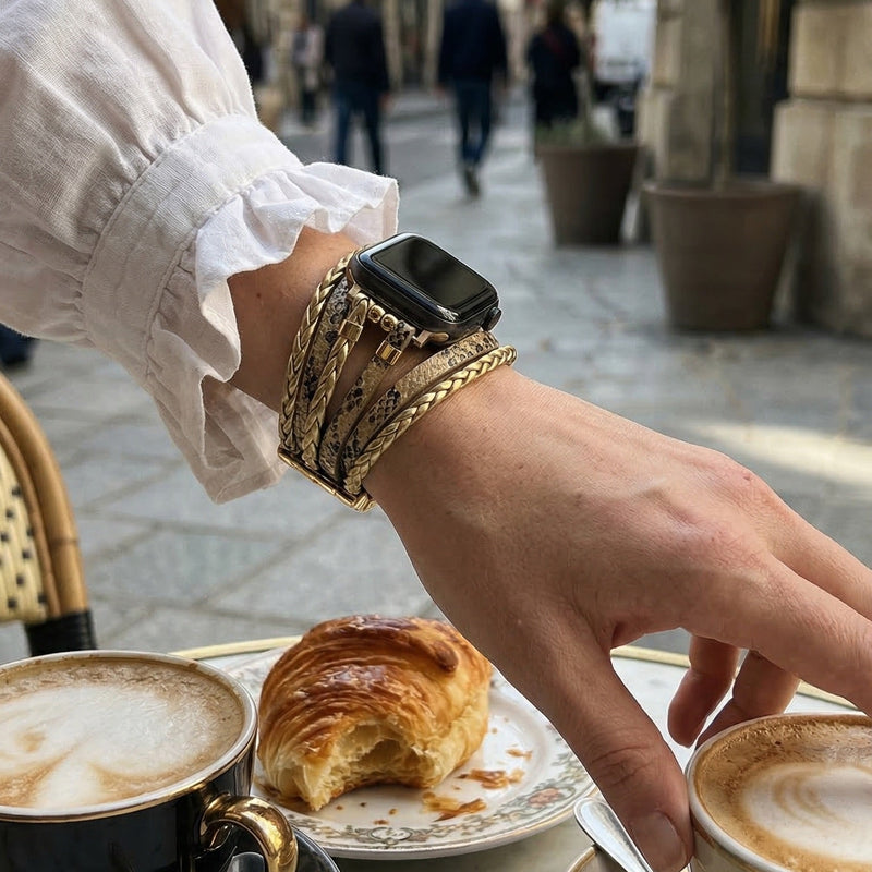 Pulsera multihilera para Apple Watch en cuero vegano, mezcla trenzada y textura reptil, cierre de acero ajustable, estilo chic para el día a día, modelo Luziane