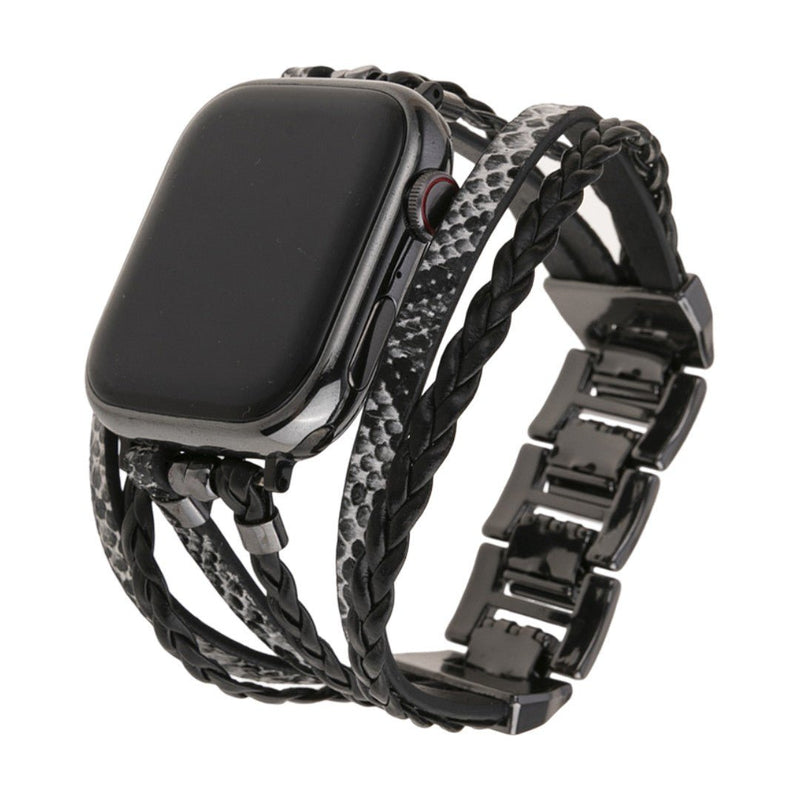 Pulsera multihilera para Apple Watch en cuero vegano, mezcla trenzada y textura reptil, cierre de acero ajustable, estilo chic para el día a día, modelo Luziane