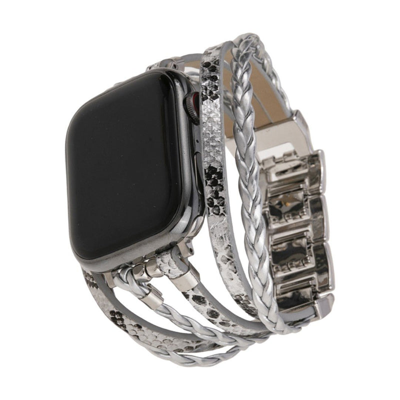 Pulsera multihilera para Apple Watch en cuero vegano, mezcla trenzada y textura reptil, cierre de acero ajustable, estilo chic para el día a día, modelo Luziane
