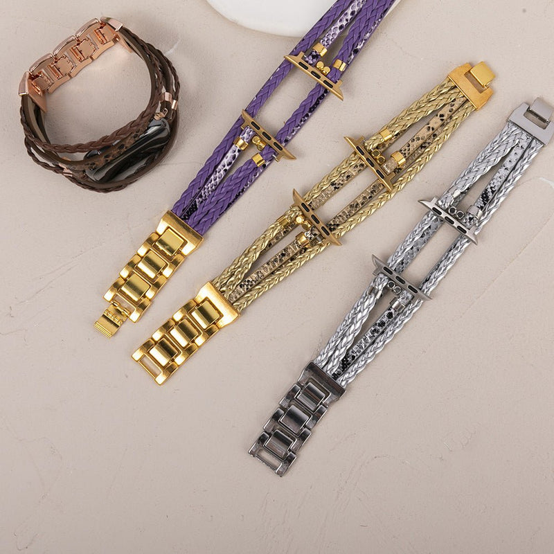 Pulsera multihilera para Apple Watch en cuero vegano, mezcla trenzada y textura reptil, cierre de acero ajustable, estilo chic para el día a día, modelo Luziane