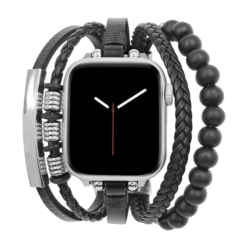 Pletený víceřadý náramek pro Apple Watch, zdobený dřevěnými korálky, s personalizovatelnou destičkou, gravírování zdarma, model Dizix