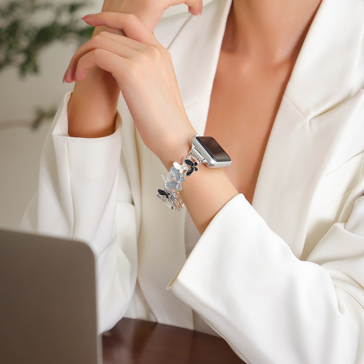 Apple Watch Bracelet with Enameled Butterfly Design, Elastic Links with Rhinestones, Marjorie Model