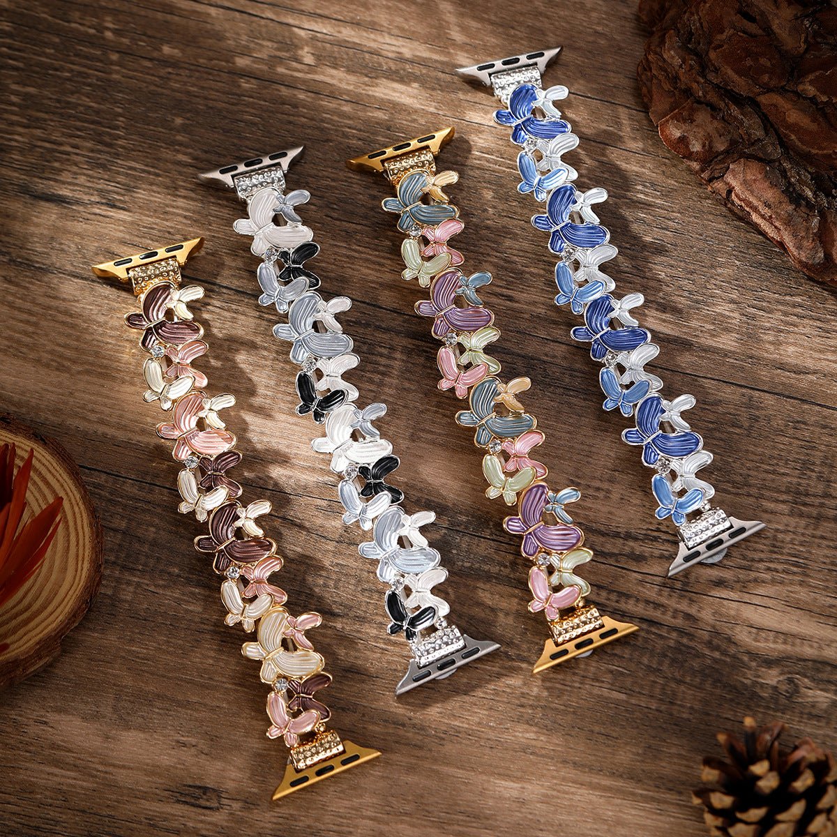 Apple Watch Bracelet with Enameled Butterfly Design, Elastic Links with Rhinestones, Marjorie Model