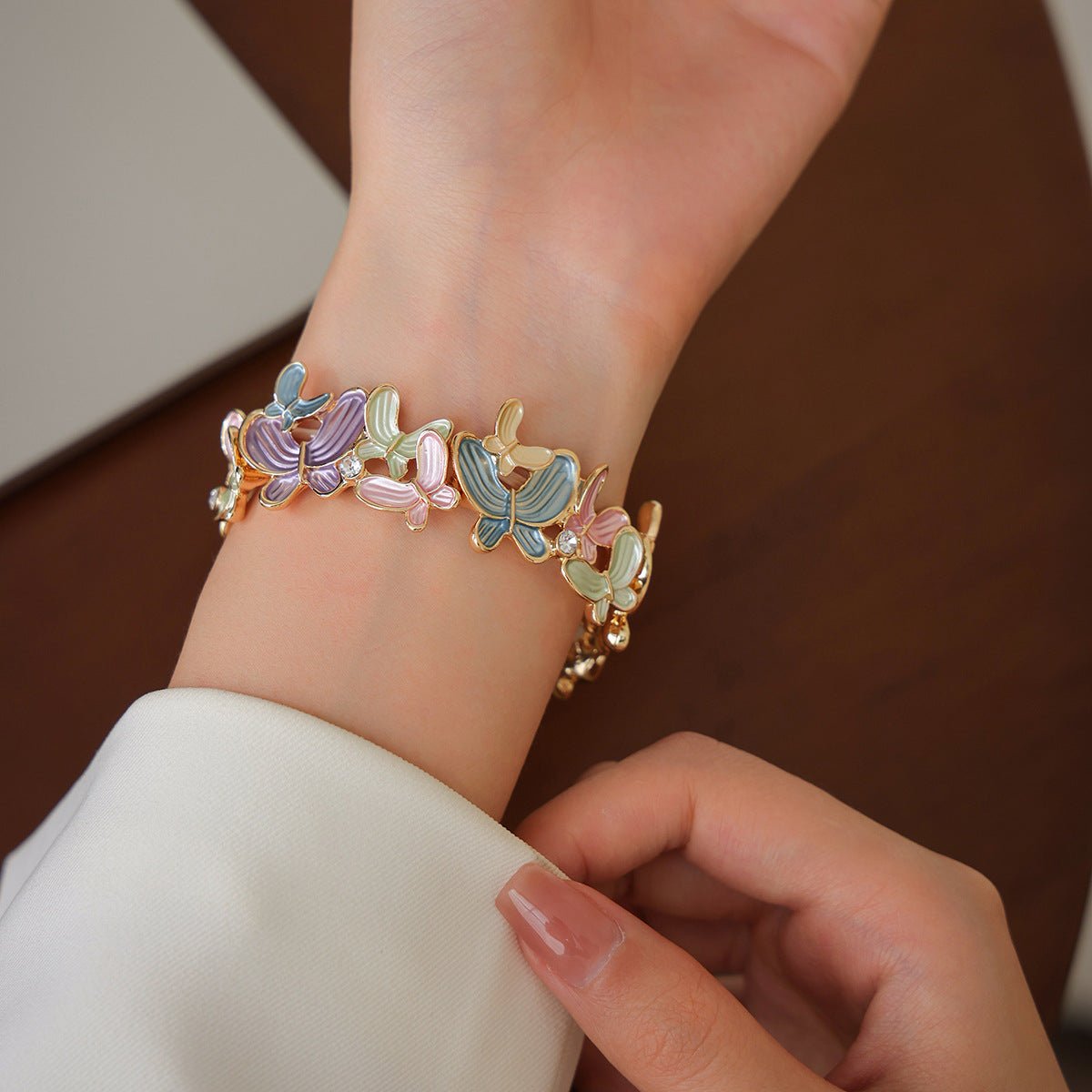 Apple Watch Bracelet with Enameled Butterfly Design, Elastic Links with Rhinestones, Marjorie Model