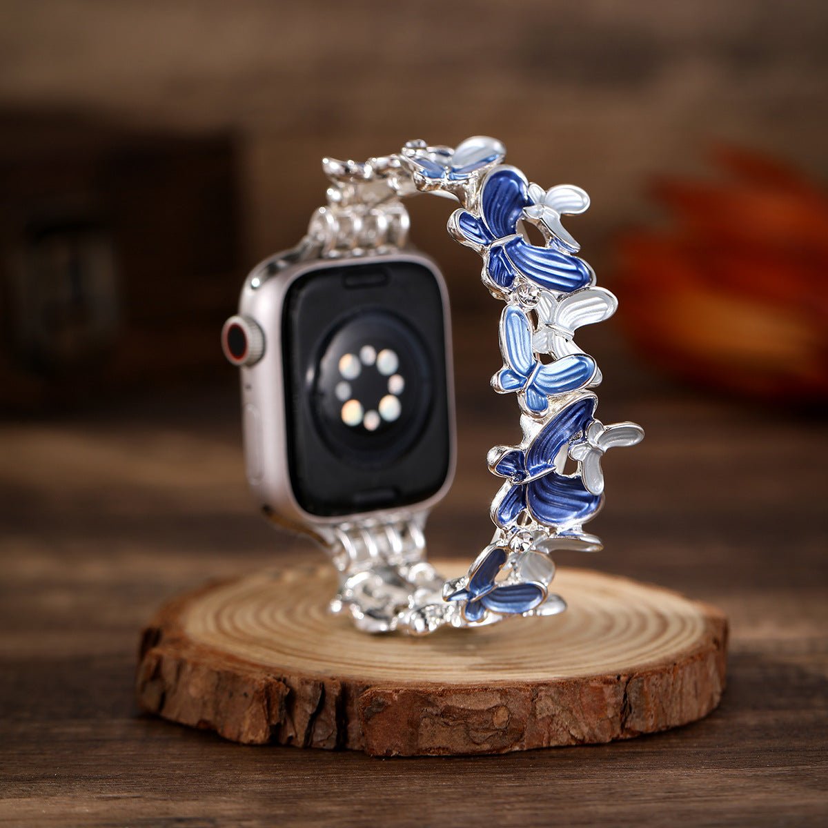 Apple Watch Bracelet with Enameled Butterfly Design, Elastic Links with Rhinestones, Marjorie Model