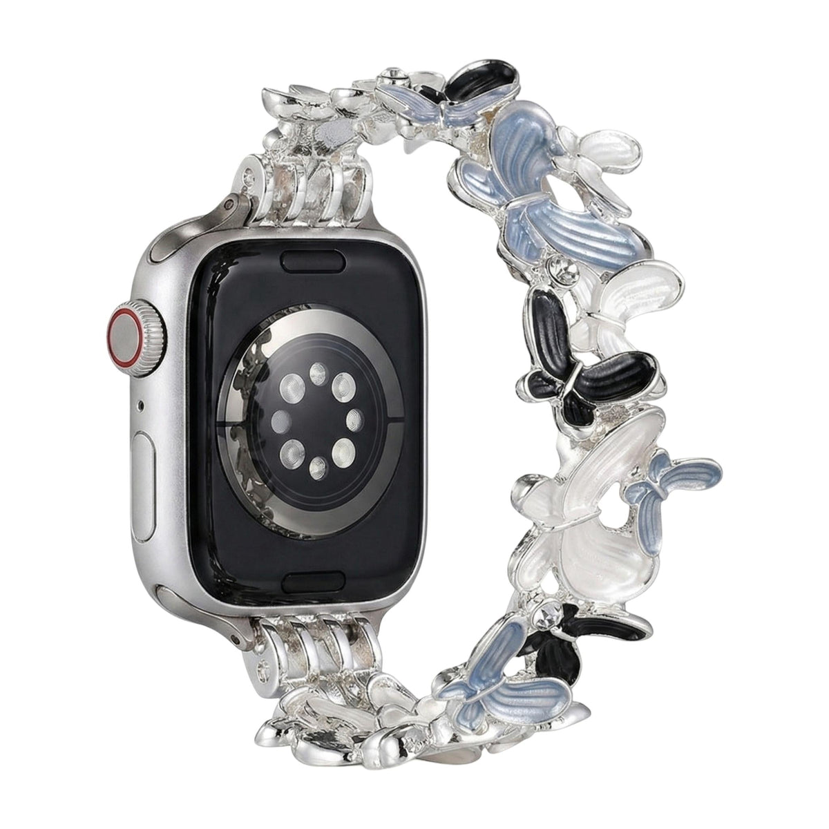 Apple Watch Bracelet with Enameled Butterfly Design, Elastic Links with Rhinestones, Marjorie Model