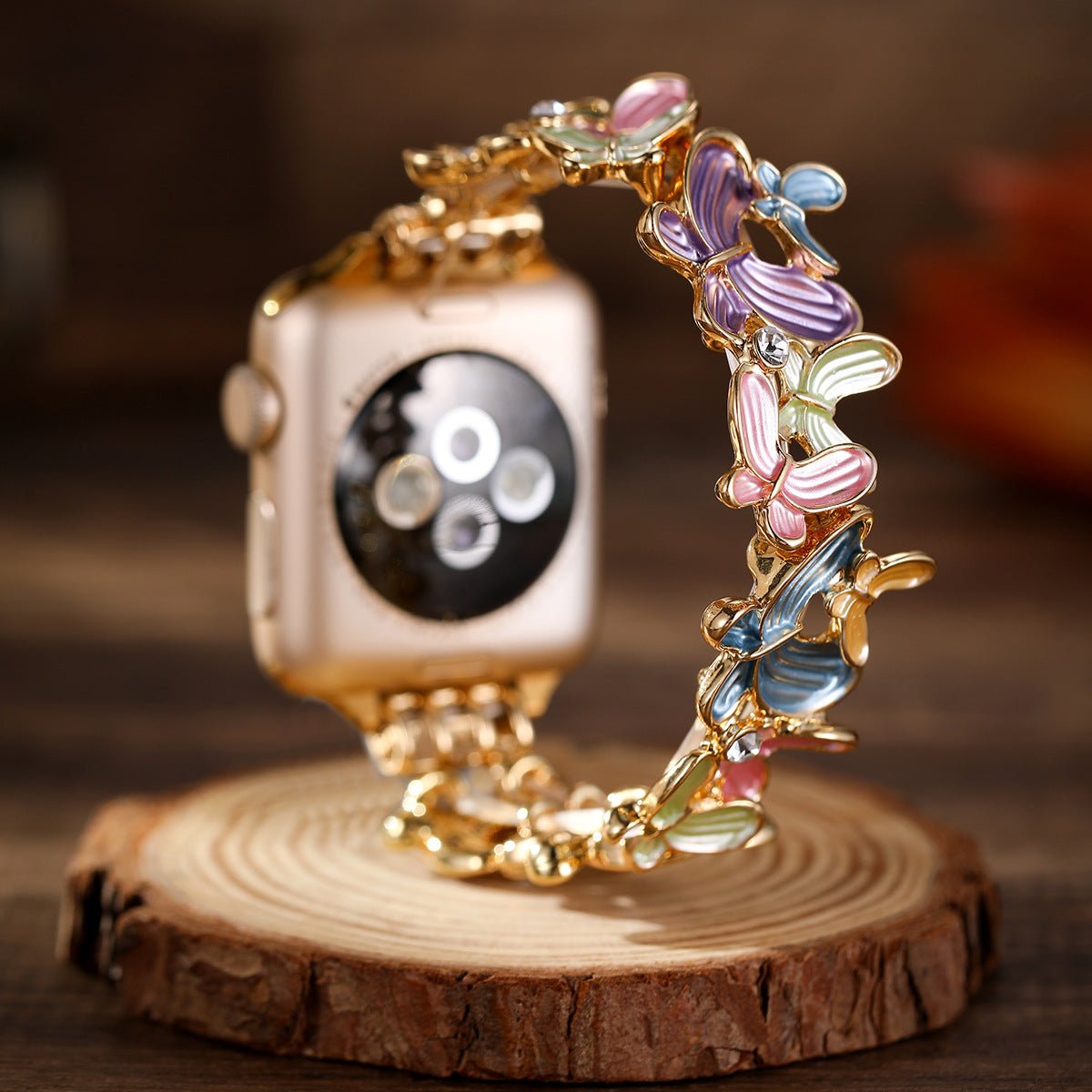 Apple Watch Bracelet with Enameled Butterfly Design, Elastic Links with Rhinestones, Marjorie Model